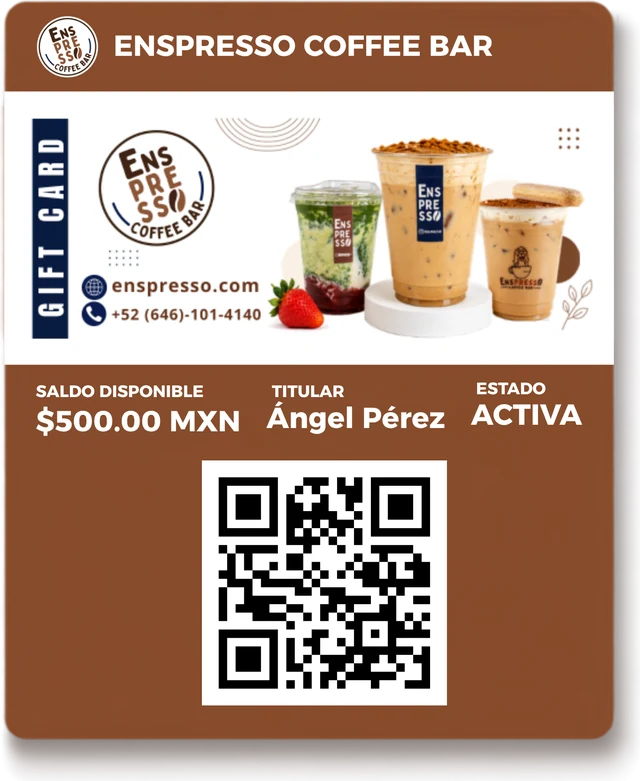 Gift Card digital de Enspresso Coffee Bar con saldo disponible y código QR